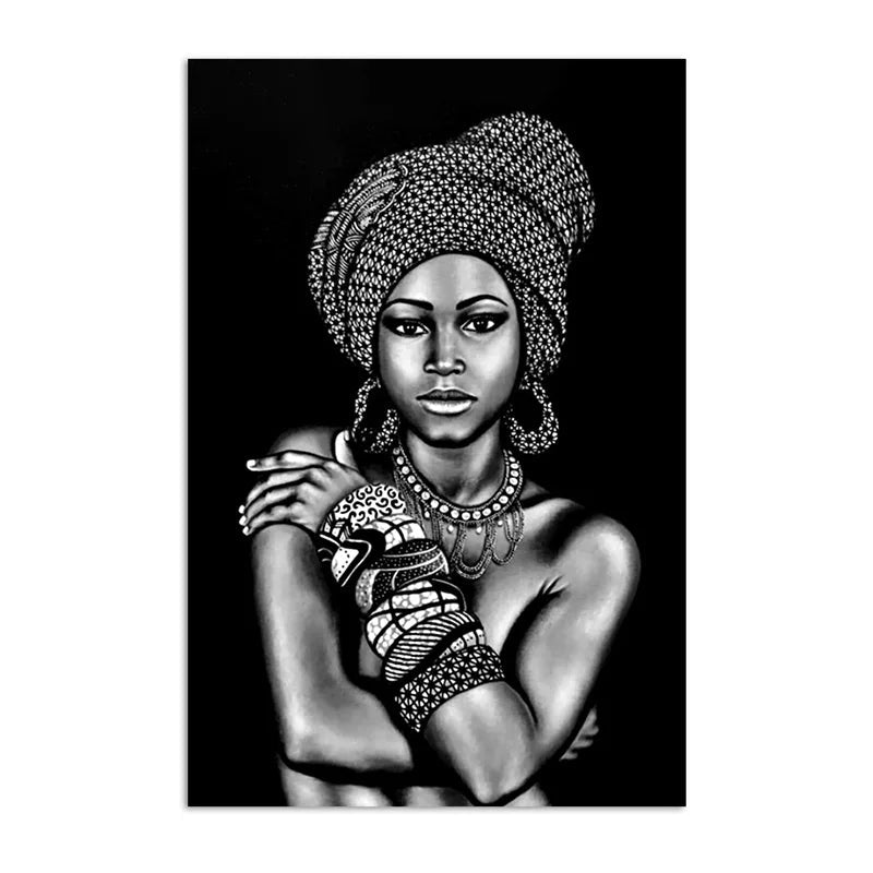 Black and White African Portrait Canvas Painting: Elegant Wall Art for Living Room and Home Décor - Flexi Africa - Flexi Africa offers Free Delivery Worldwide - Vibrant African traditional clothing showcasing bold prints and intricate designs