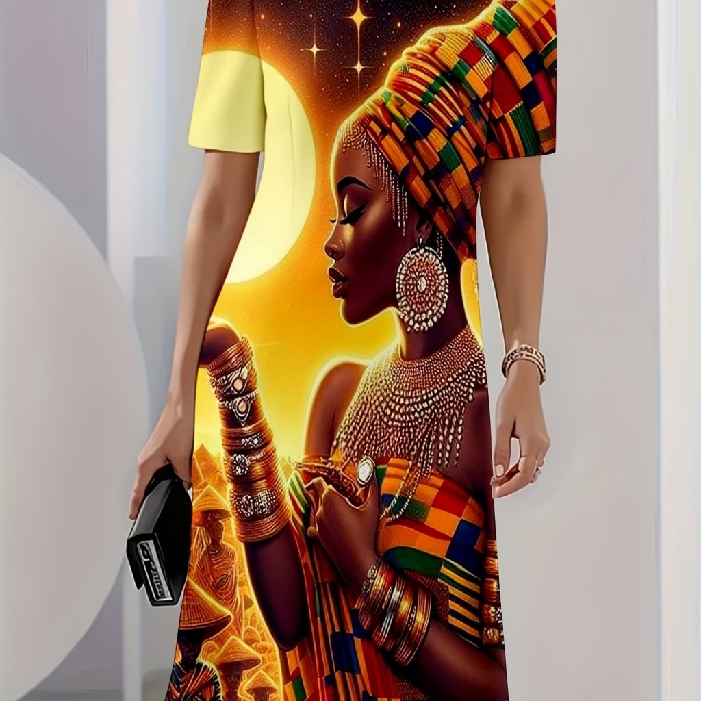 Black History Month Full Print Dress – African Woman with Moon Background, Crew Neck Maxi - Free Delivery Worldwide only at Flexi Africa
