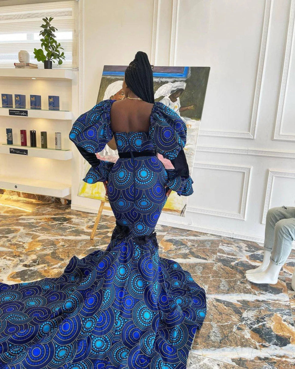 Blue African mermaid dress, Ankara gown African maxi mermaid gown - Free Delivery Worldwide only at Flexi Africa