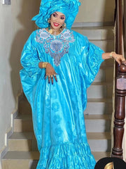 Blue Bazin Riche Long Dresses For African Women Traditional Wedding Party Clothing 2024 Top Quality Bazin Riche Original Dresses - Free Delivery Worldwide only at Flexi Africa
