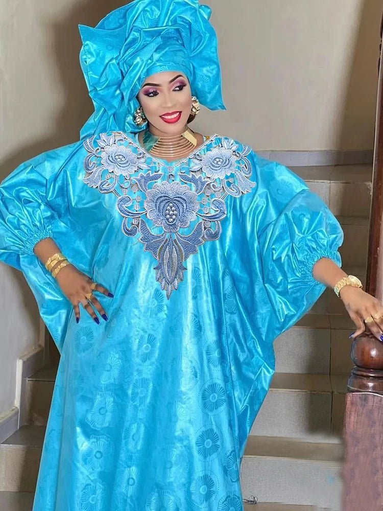 Blue Bazin Riche Long Dresses For African Women Traditional Wedding Party Clothing 2024 Top Quality Bazin Riche Original Dresses - Free Delivery Worldwide only at Flexi Africa