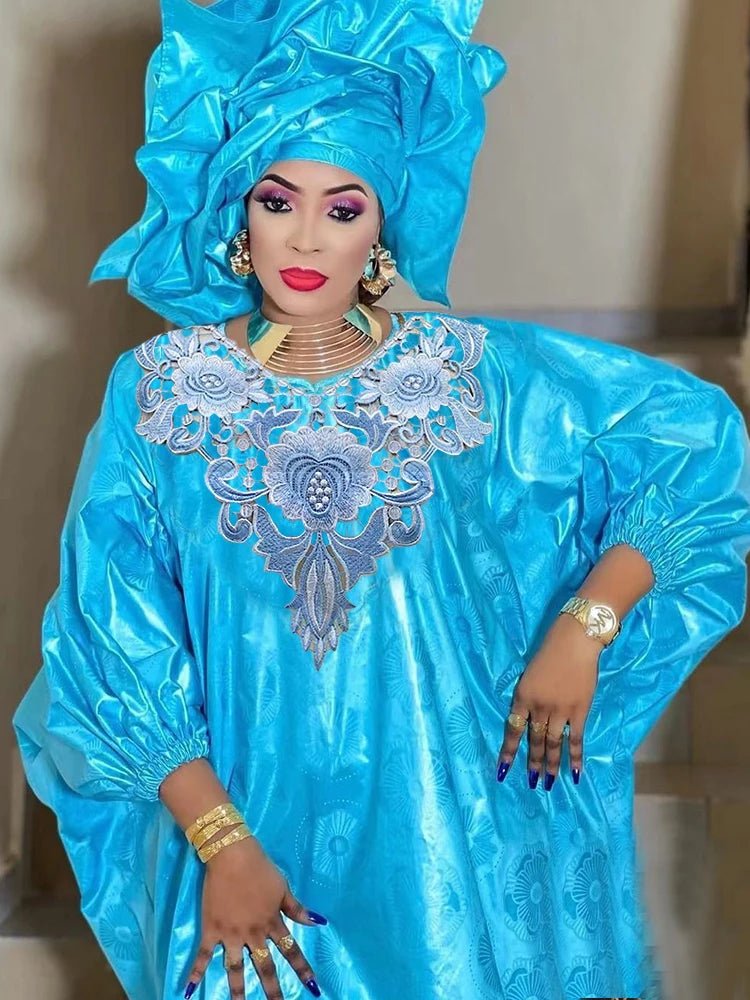 Blue Bazin Riche Long Dresses For African Women Traditional Wedding Party Clothing 2024 Top Quality Bazin Riche Original Dresses - Free Delivery Worldwide only at Flexi Africa