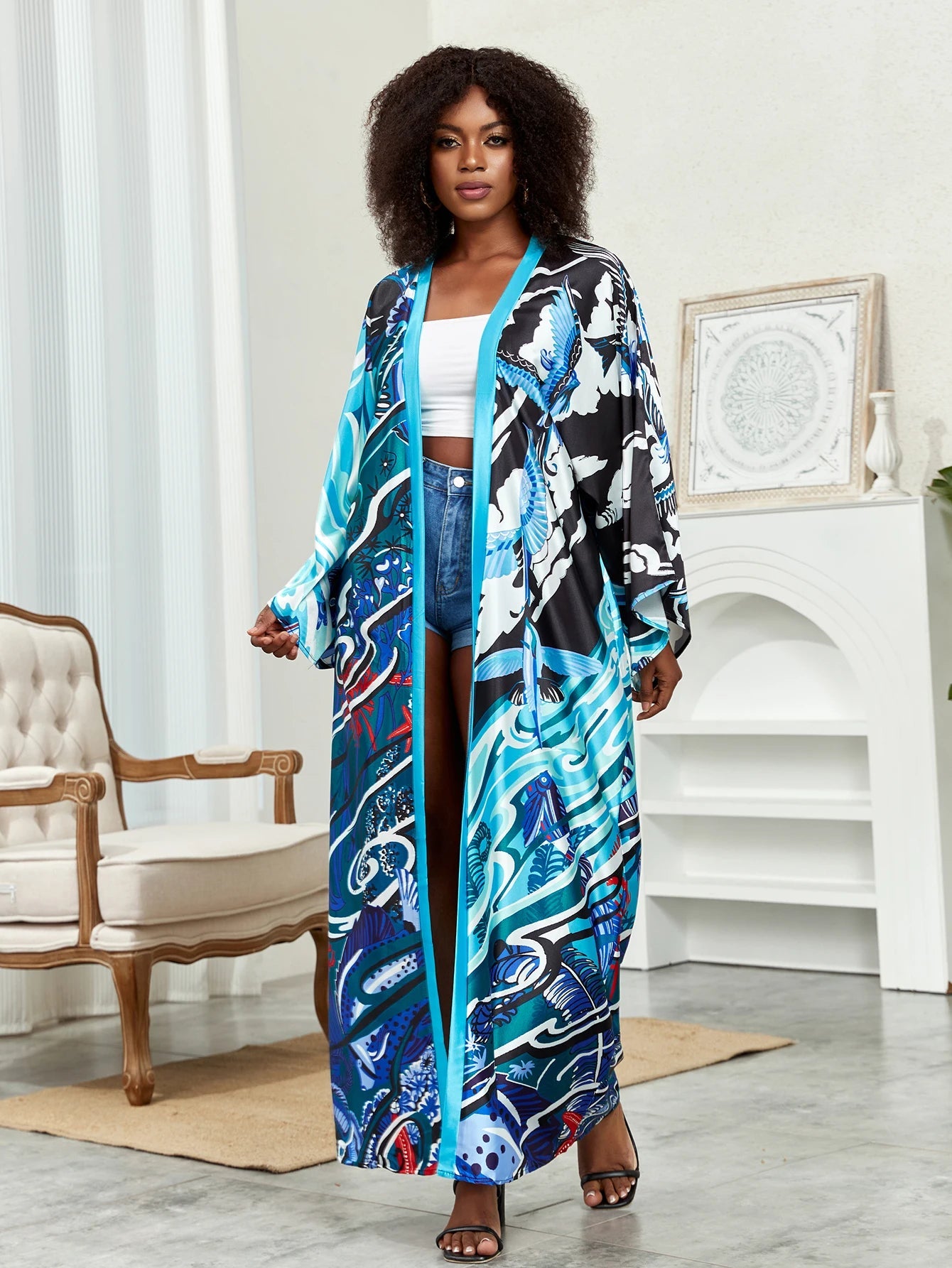 Boho Chic: Plus Size Lotus Print Kimono Cover Up with Open Front and Belt - Free Delivery Worldwide only at Flexi Africa