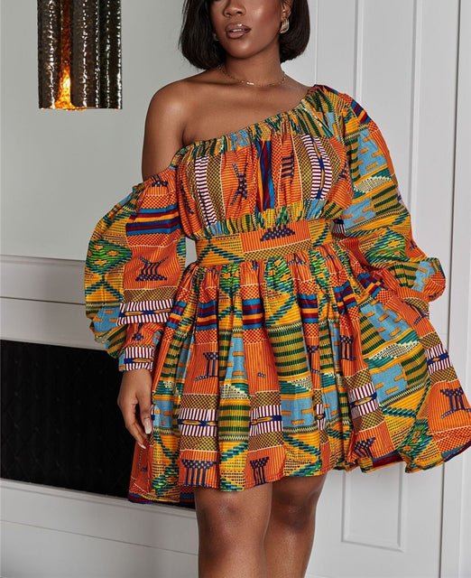 Bold and Beautiful African Print Off-Shoulder Mini Dress -  Flexi Africa offers Free Delivery Worldwide - Vibrant African.