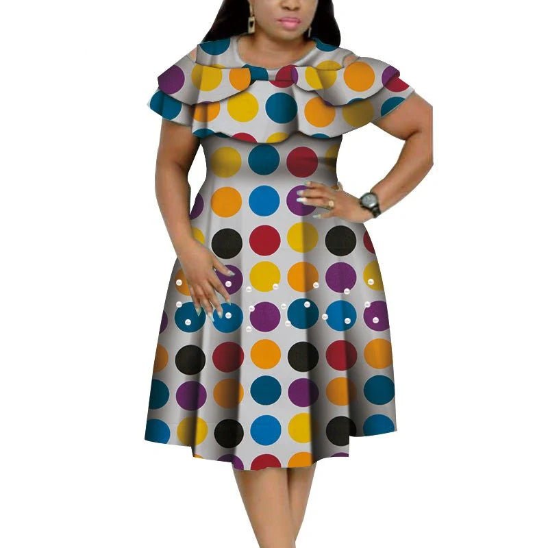 Bazin Riche African Ruffles Collar Dress with Dashiki Print and Pearls for Women. Flexi Africa offers Free Delivery Worldwide