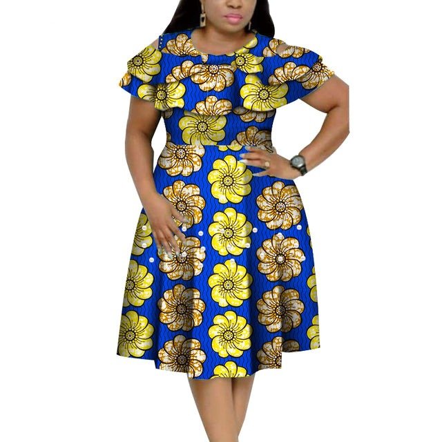 Bazin Riche African Ruffles Collar Dress with Dashiki Print and Pearls for Women. Flexi Africa offers Free Delivery Worldwide