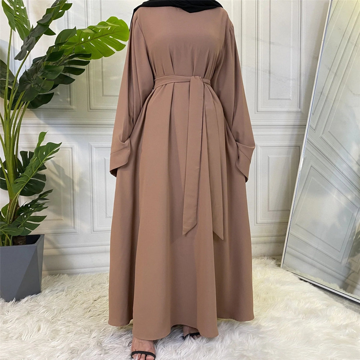 Chic and Modest: Muslim Fashion Hijab Dubai Abaya Long Dresses with Sashes for Women - Free Delivery Worldwide