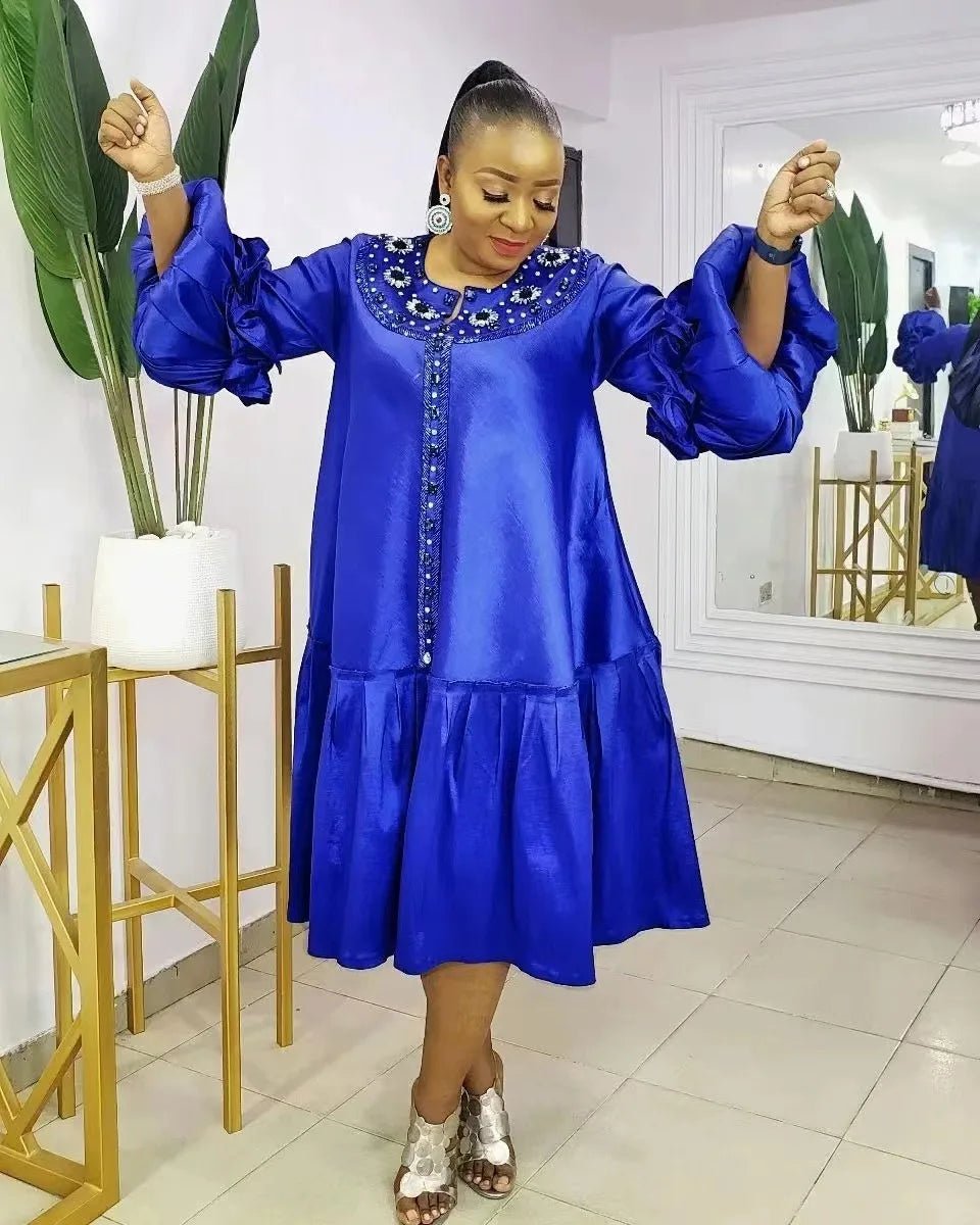 Chic Plus Size African Diamond Dress: Stylish Loose Fit, Elegant Puff Sleeves - Flexi Africa - Flexi Africa offers Free Delivery Worldwide - Vibrant African traditional clothing showcasing bold prints and intricate designs