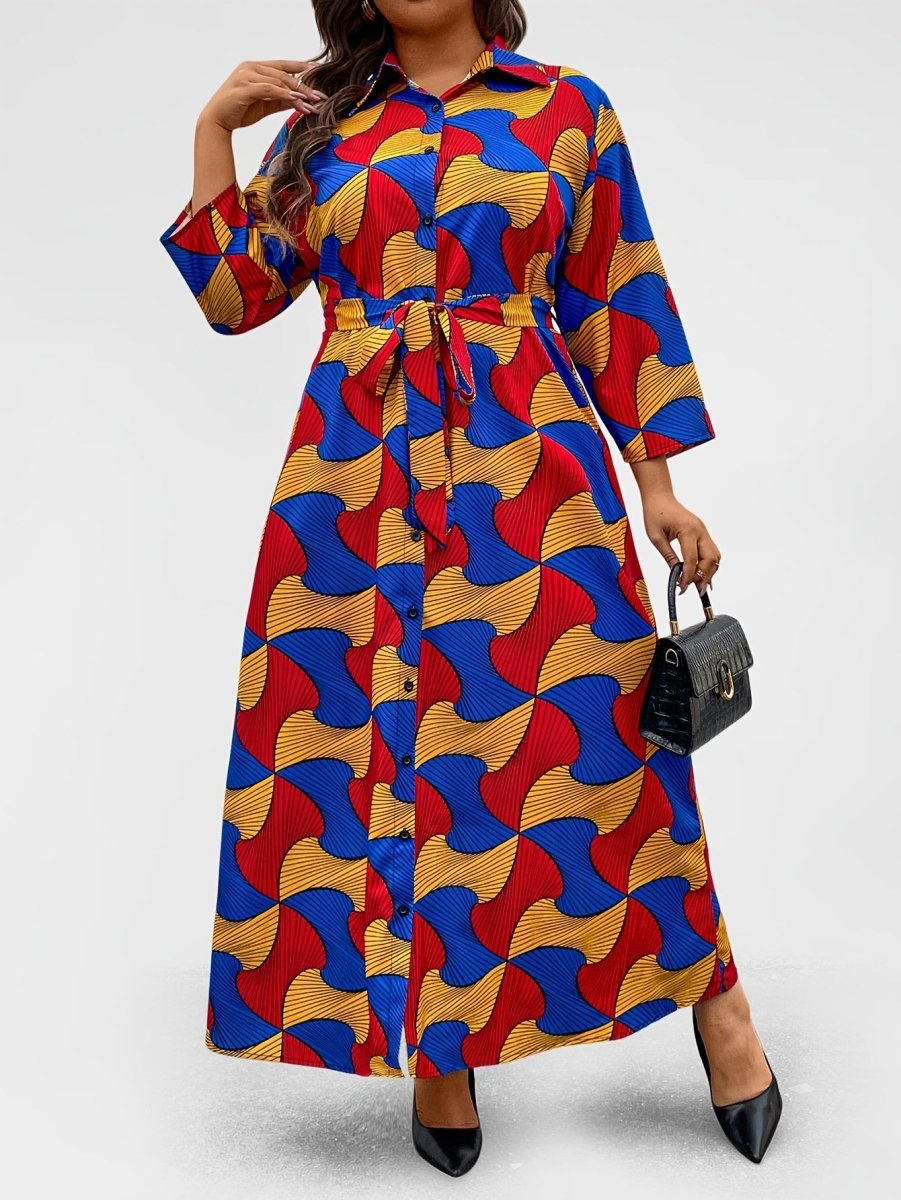 Chic Plus Size Geometric Print Dress with Button Detail - Long Sleeve, Collared, Non - Stretch Polyester - Perfect for Fall/Winter - Free Delivery Worldwide only at Flexi Africa