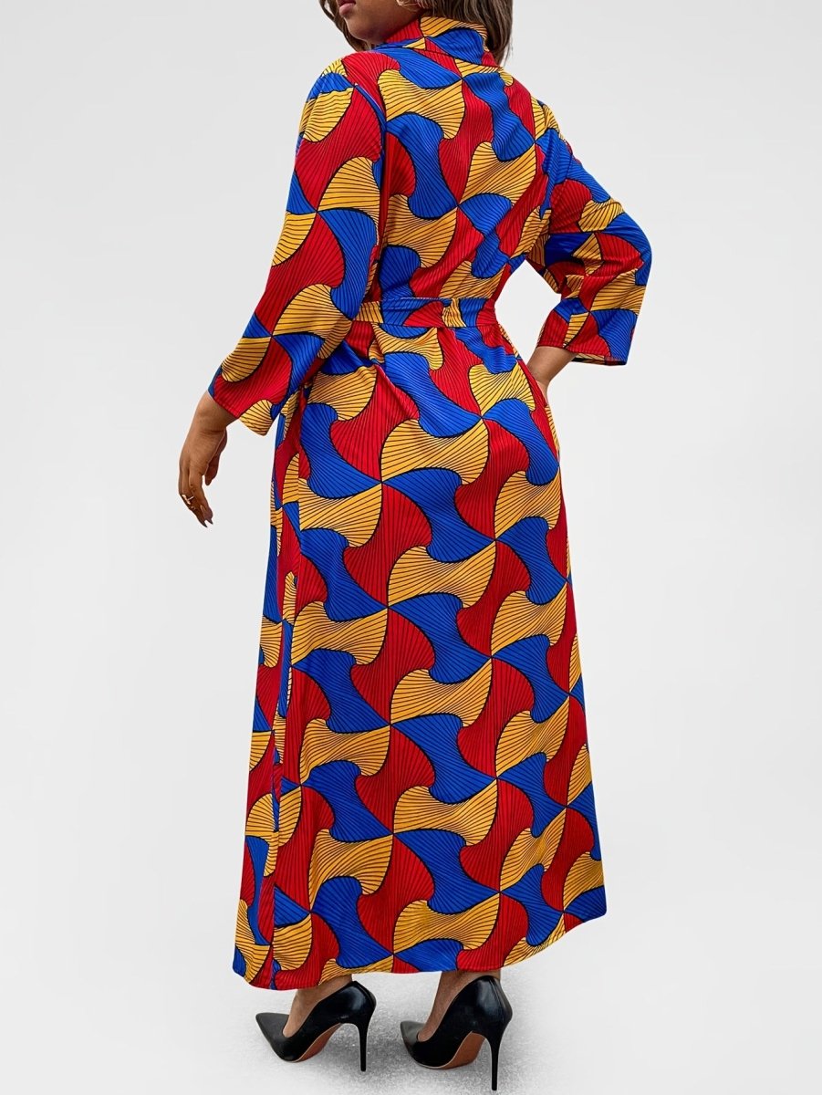 Chic Plus Size Geometric Print Dress with Button Detail - Long Sleeve, Collared, Non - Stretch Polyester - Perfect for Fall/Winter - Free Delivery Worldwide only at Flexi Africa