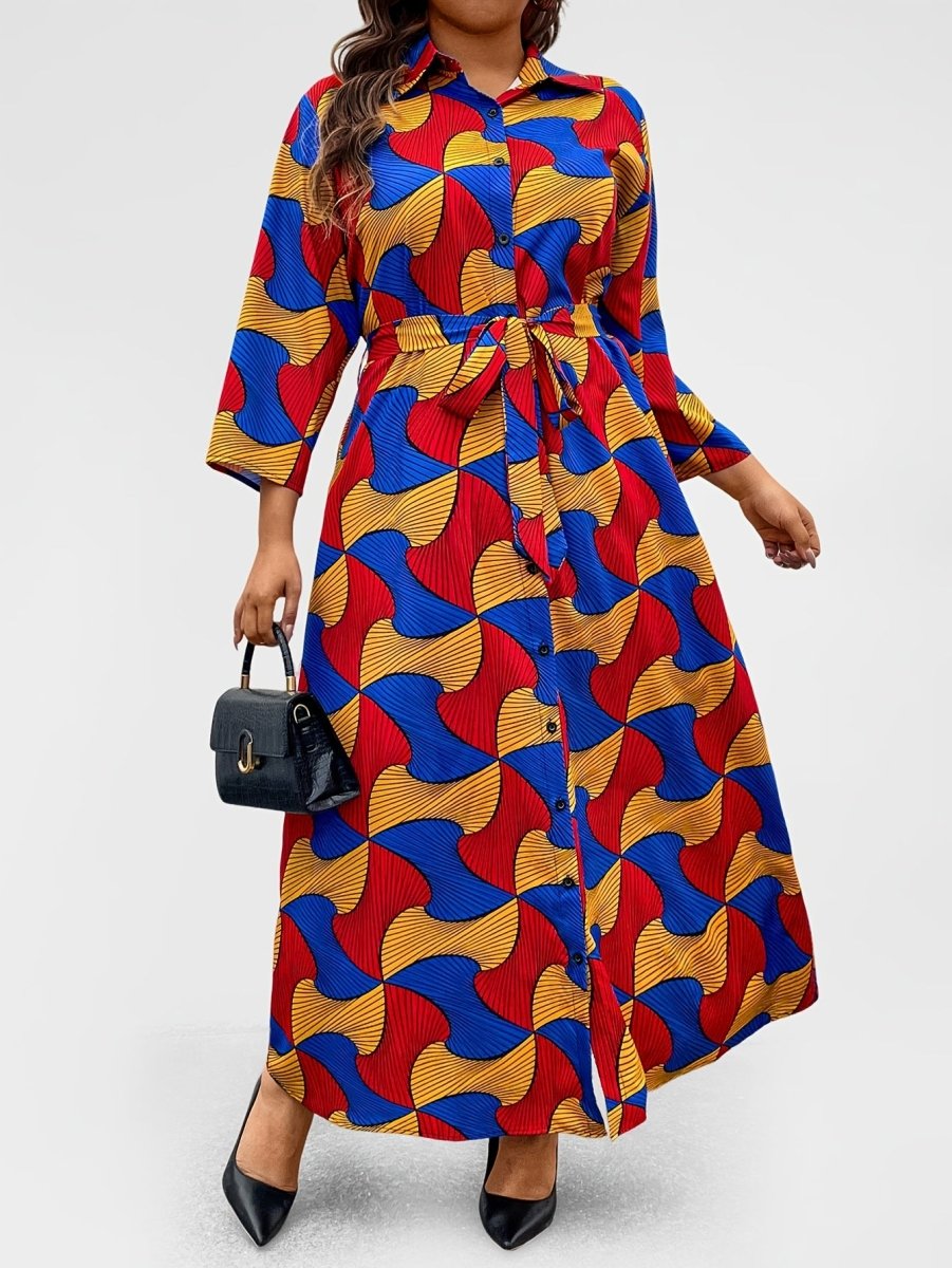 Chic Plus Size Geometric Print Dress with Button Detail - Long Sleeve, Collared, Non - Stretch Polyester - Perfect for Fall/Winter - Free Delivery Worldwide only at Flexi Africa