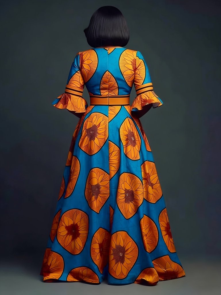 Chic V - Neck Printed Dress – Flare Sleeves & Slim - Fit Zipper Waist - Free Delivery Worldwide only at Flexi Africa