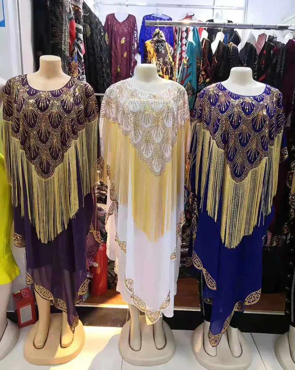 Dashiki Abaya: Timeless African Elegance in Chiffon with Tassel Sequins - Free Delivery Worldwide only at Flexi Africa