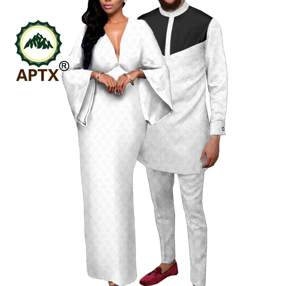 Dashiki African Couple Clothing – Sexy V - Neck Women’s Prom Dress with Matching Men’s Shirt & Pants Set - Free Delivery Worldwide only at Flexi Africa