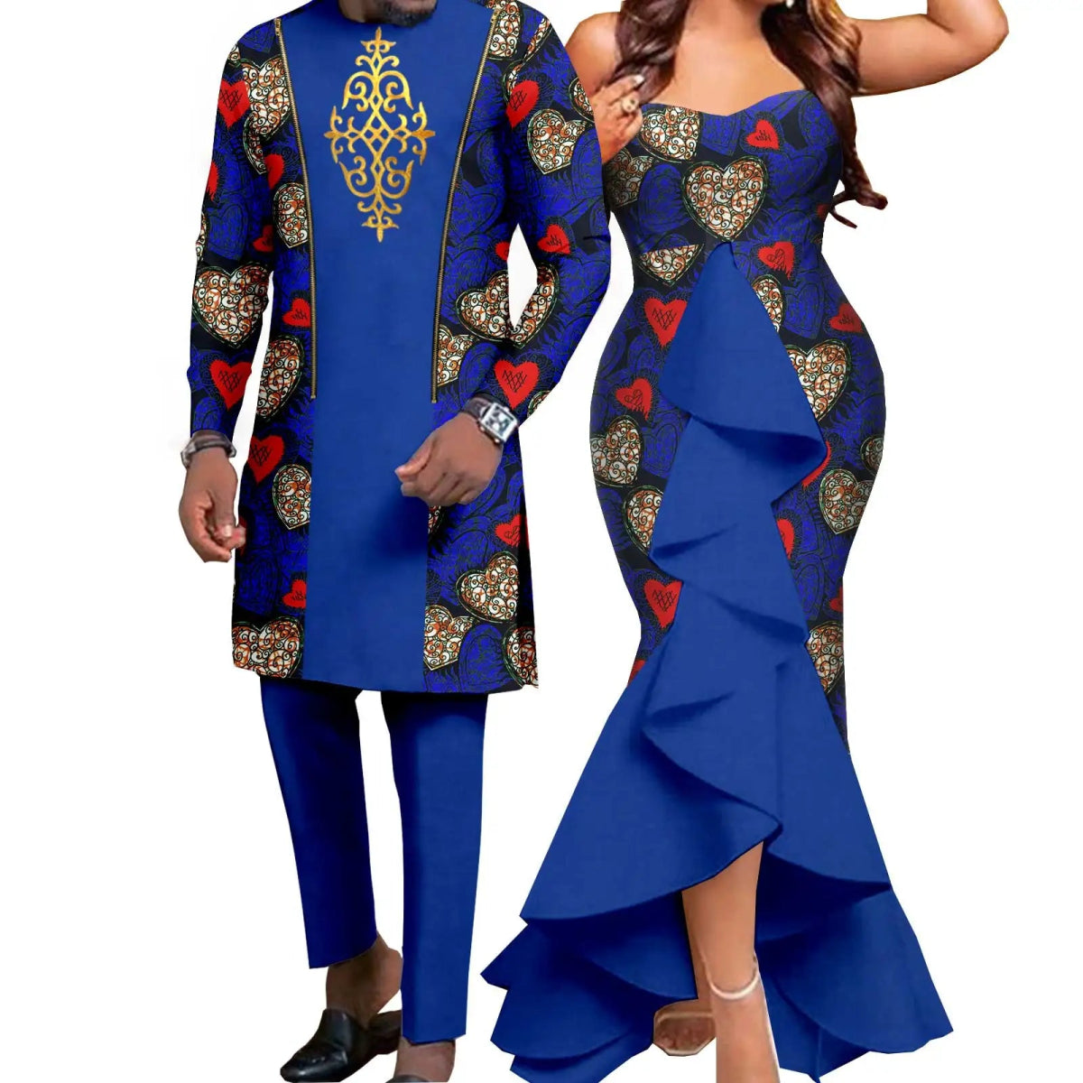 Dashiki African Couple Wedding Set – Women’s Mermaid Dress & Matching Men’s Bazin Riche Shirt and Pants - Free Delivery