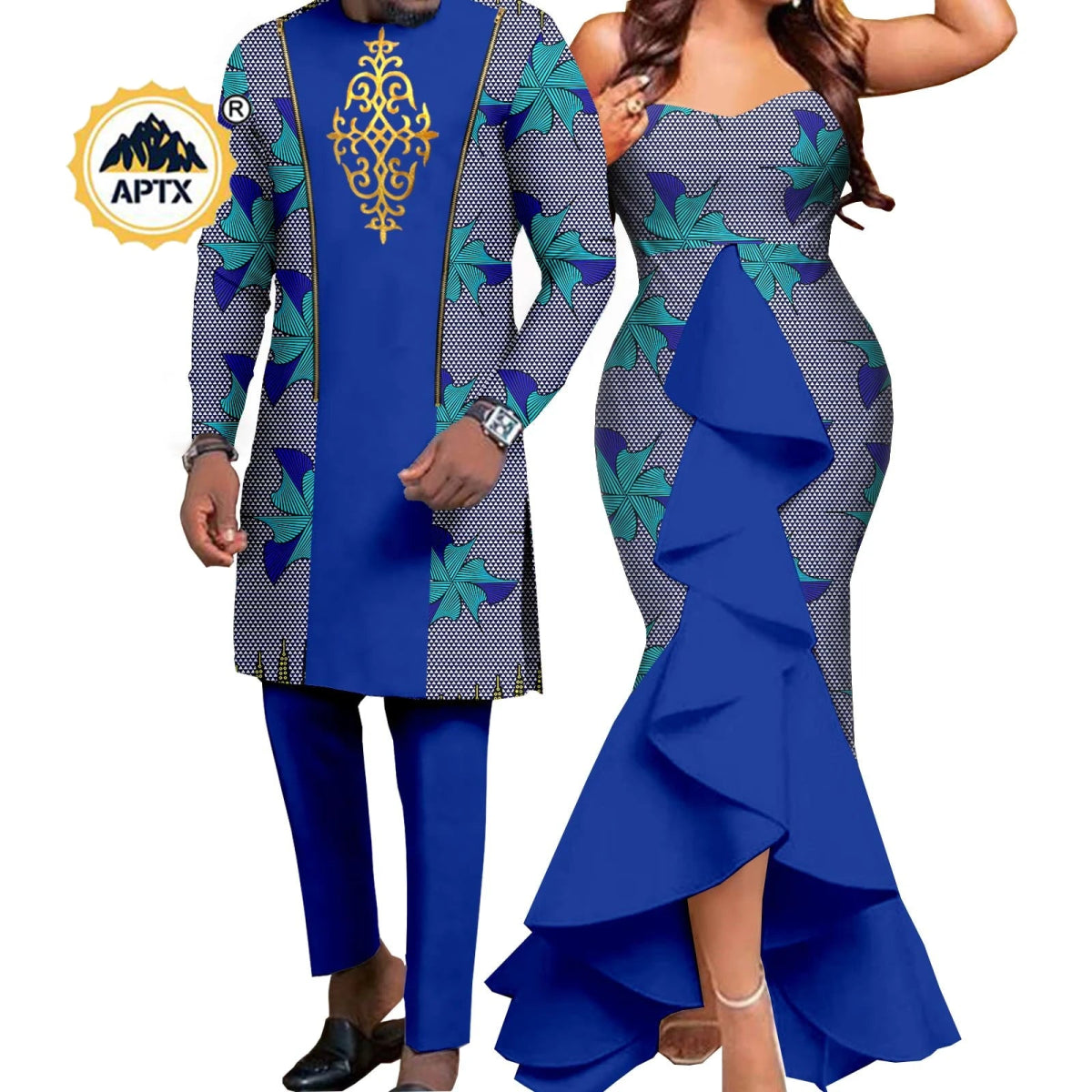 Dashiki African Couple Wedding Set – Women’s Mermaid Dress & Matching Men’s Bazin Riche Shirt and Pants - Free Delivery Worldwide only at Flexi Africa