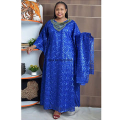 Dashiki African Dresses for Women Spring Summer African Women Blue Yellow O - neck Long Dress Inner and Headtie African Clothes - Free Delivery Worldwide only at Flexi Africa