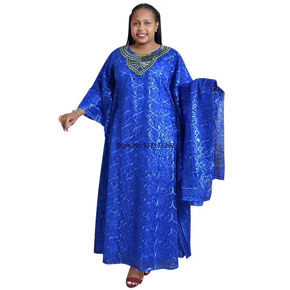 Dashiki African Dresses for Women Spring Summer African Women Blue Yellow O - neck Long Dress Inner and Headtie African Clothes - Free Delivery Worldwide only at Flexi Africa