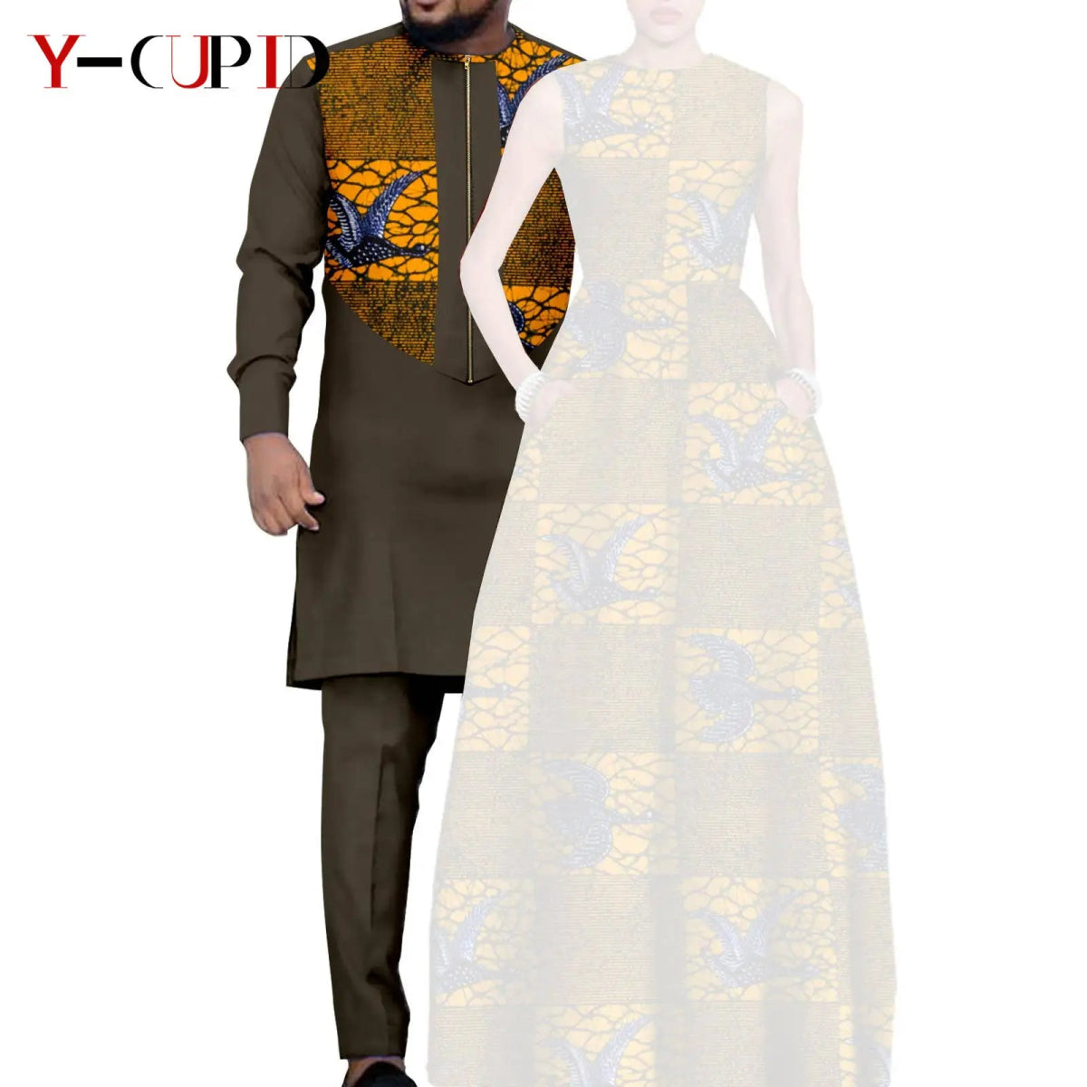 Dashiki Couple Outfit Set – Women’s African Dress with Men’s Bazin Riche Top and Pants for Special Occasions - Free Delivery Worldwide only at Flexi Africa
