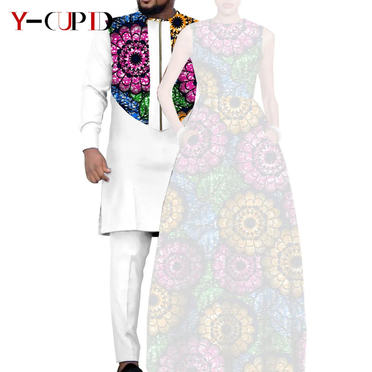 Dashiki Couple Outfit Set – Women’s African Dress with Men’s Bazin Riche Top and Pants for Special Occasions - Free Delivery Worldwide only at Flexi Africa