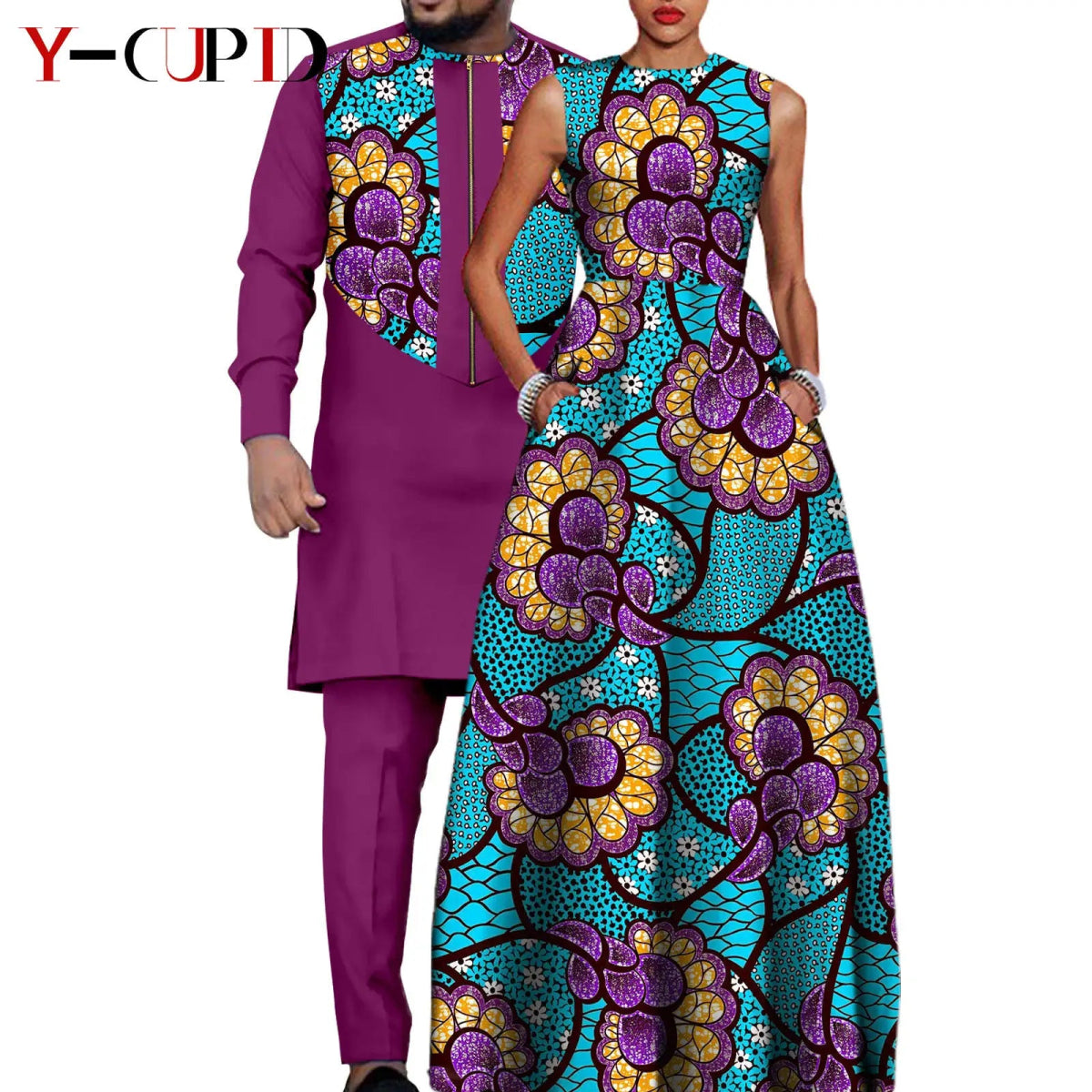 Dashiki Couple Outfit Set – Women’s African Dress with Men’s Bazin Riche Top and Pants for Special Occasions - Free Delivery Worldwide only at Flexi Africa