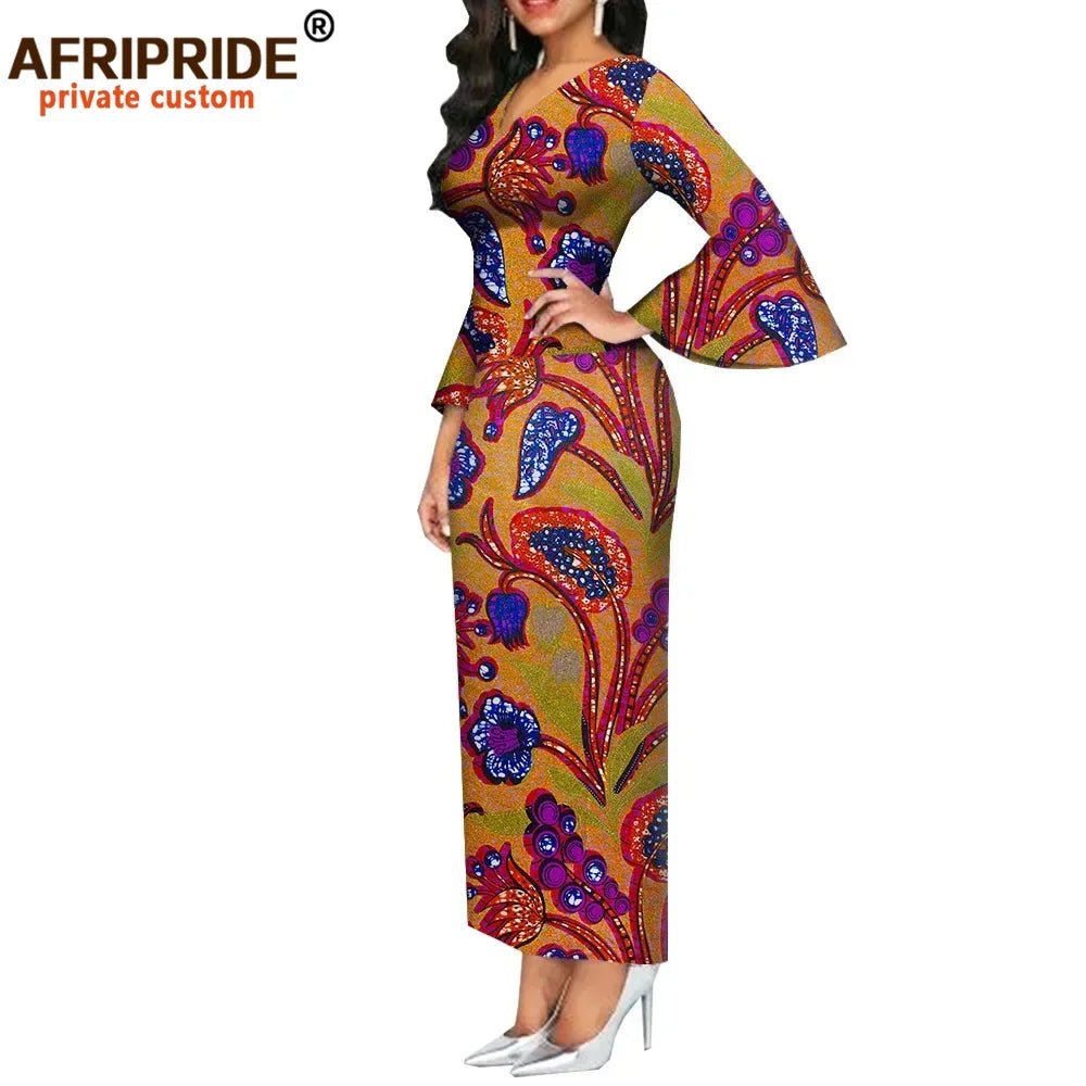 Dashiki Print Bodycon Maxi Dress – Women’s African V - Neck Flare Sleeve Party & Formal Gown - Free Delivery Worldwide only at Flexi Africa