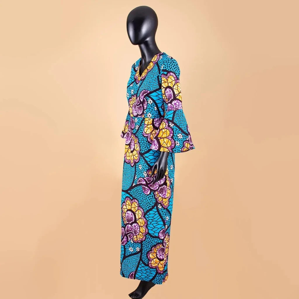 Dashiki Print Bodycon Maxi Dress – Women’s African V - Neck Flare Sleeve Party & Formal Gown - Free Delivery Worldwide only at Flexi Africa