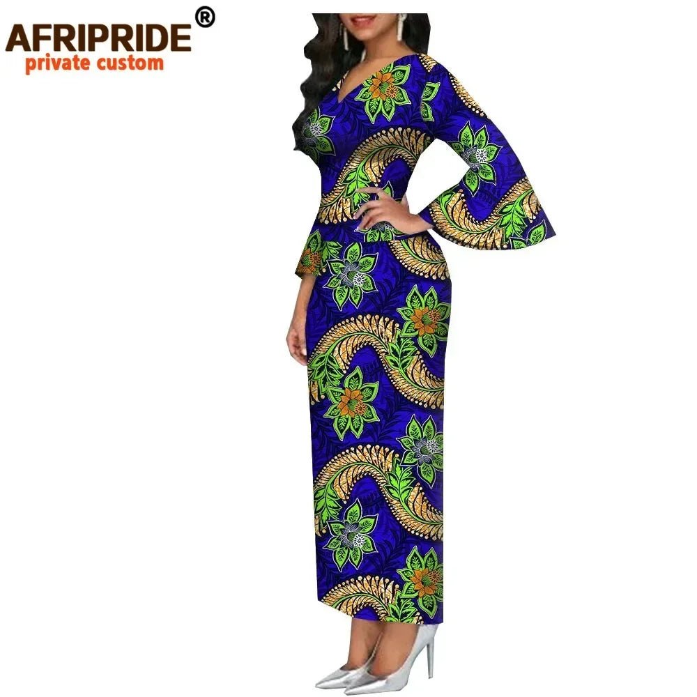 Dashiki Print Bodycon Maxi Dress – Women’s African V - Neck Flare Sleeve Party & Formal Gown - Free Delivery Worldwide only at Flexi Africa