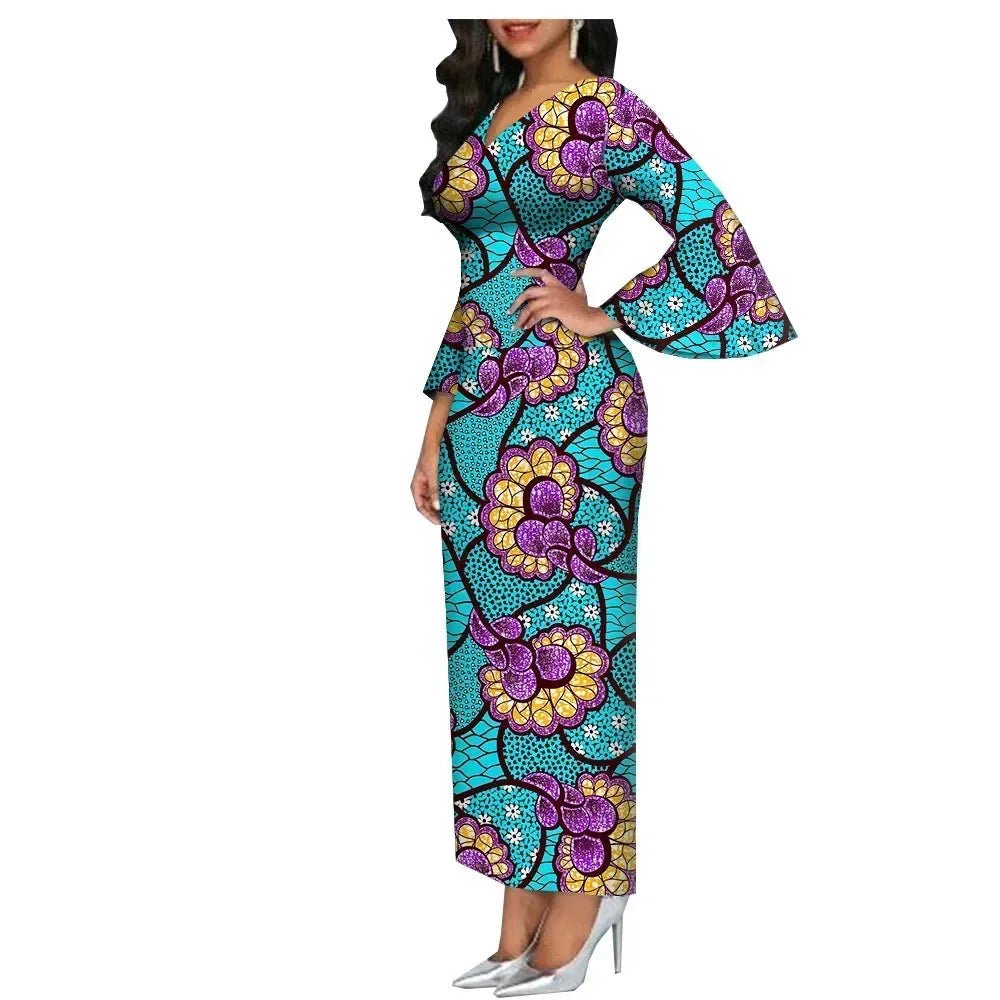 Dashiki Print Bodycon Maxi Dress – Women’s African V - Neck Flare Sleeve Party & Formal Gown - Free Delivery Worldwide only at Flexi Africa