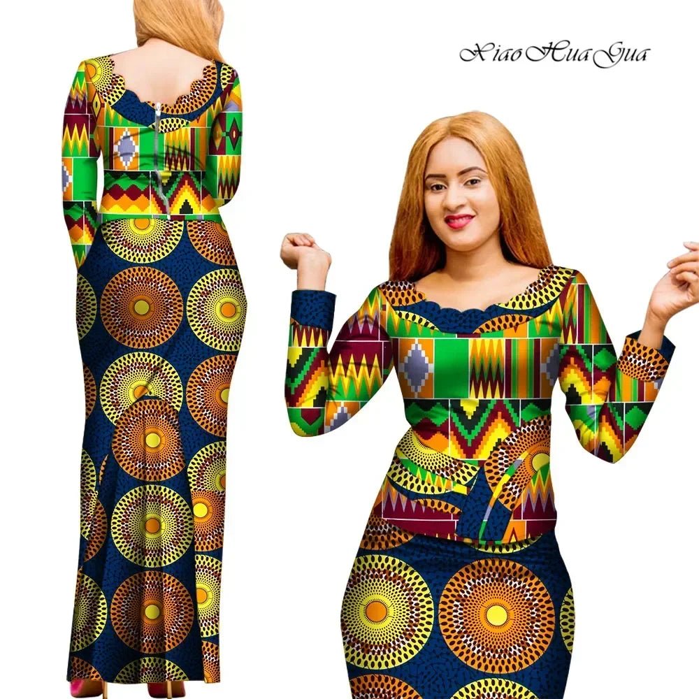 Elegant 2PC African Skirt and Top Set – Long Sleeve Blouse and Matching Maxi Skirt for Women - Free Delivery Worldwide only at Flexi Africa