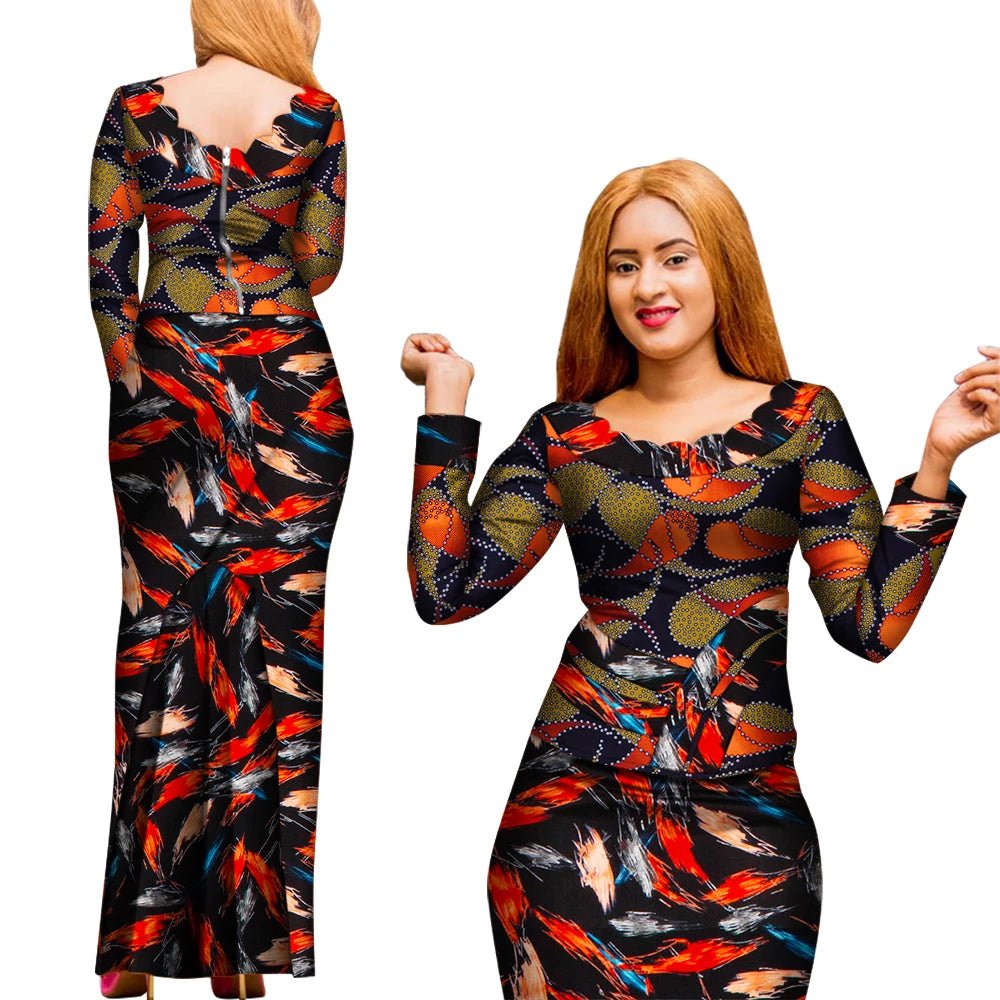 Elegant 2PC African Skirt and Top Set – Long Sleeve Blouse and Matching Maxi Skirt for Women - Free Delivery Worldwide only at Flexi Africa