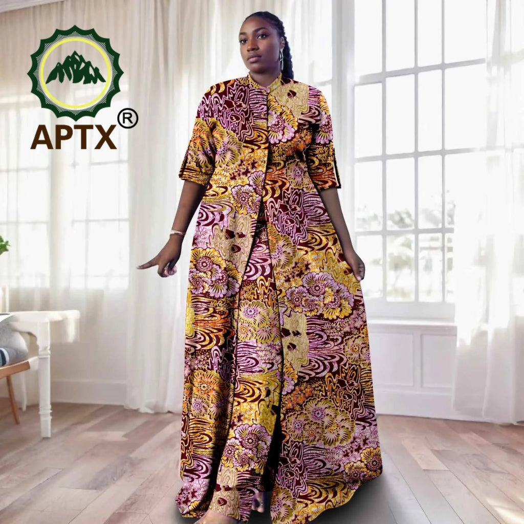 Elegant African Ankara 2 - Piece Set for Women – Floor - Length Dress, Long Coat & Pants Casual Suit - Free Delivery Worldwide only at Flexi Africa
