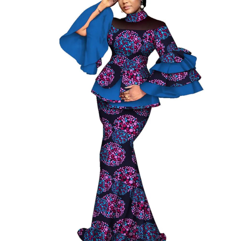 Elegant African Dashiki Outfit for Women – Flare Sleeve Blouse and Maxi Long Skirt 2PC Set - Free Delivery Worldwide only at Flexi Africa