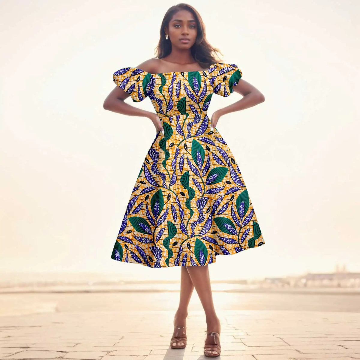 Elegant African Midi Dress – High - Waist Ankara Fashion Wear with Short Sleeves - Free Delivery Worldwide only at Flexi Africa