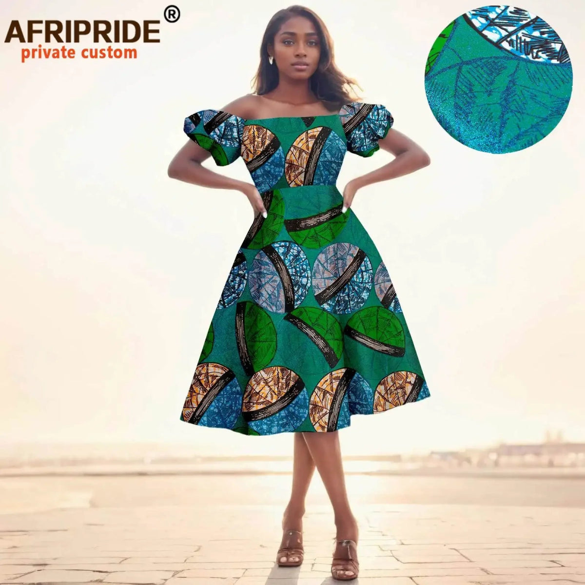 Elegant African Midi Dress – High - Waist Ankara Fashion Wear with Short Sleeves - Free Delivery Worldwide only at Flexi Africa