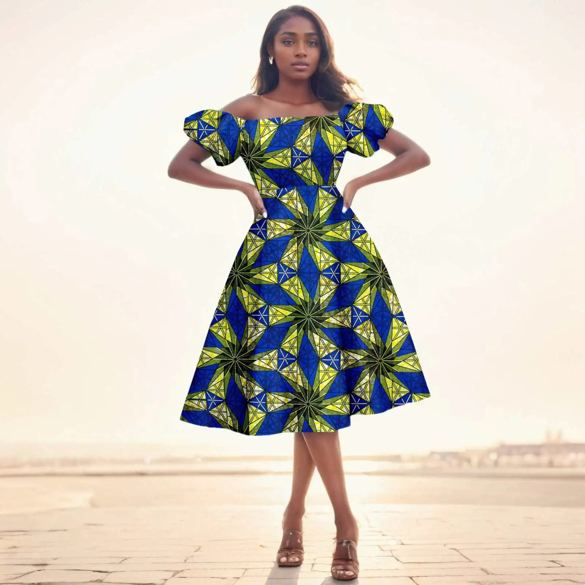Elegant African Midi Dress – High - Waist Ankara Fashion Wear with Short Sleeves - Free Delivery Worldwide only at Flexi Africa