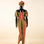Elegant African Off - Shoulder Maxi Dress with Matching Headscarf & Earrings - Free Delivery Worldwide only at Flexi Africa