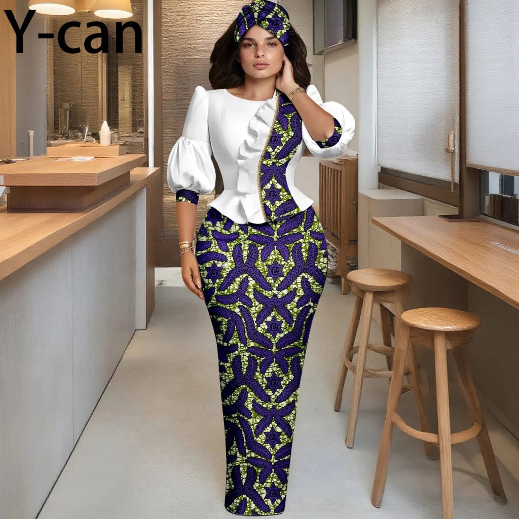 Elegant African Skirt Set – Lantern Sleeve Ruffled Top, Slim Skirt & Matching Headwrap - Free Delivery Worldwide only at Flexi Africa