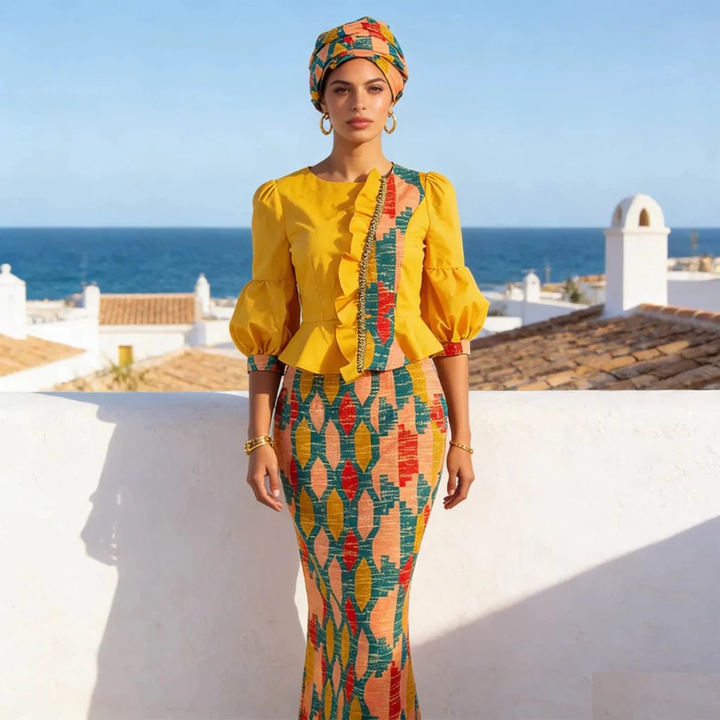 Elegant African Skirt Set – Lantern Sleeve Ruffled Top, Slim Skirt & Matching Headwrap - Free Delivery Worldwide only at Flexi Africa