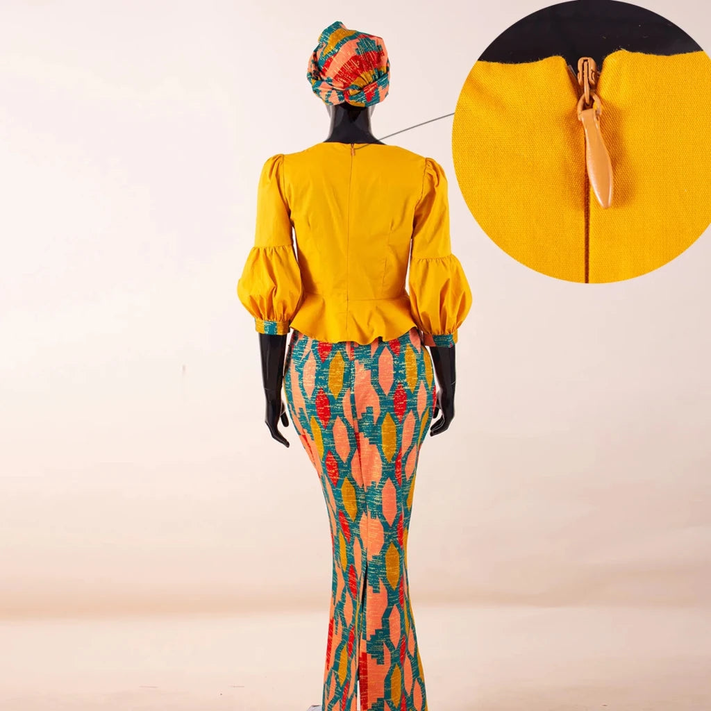 Elegant African Skirt Set – Lantern Sleeve Ruffled Top, Slim Skirt & Matching Headwrap - Free Delivery Worldwide only at Flexi Africa