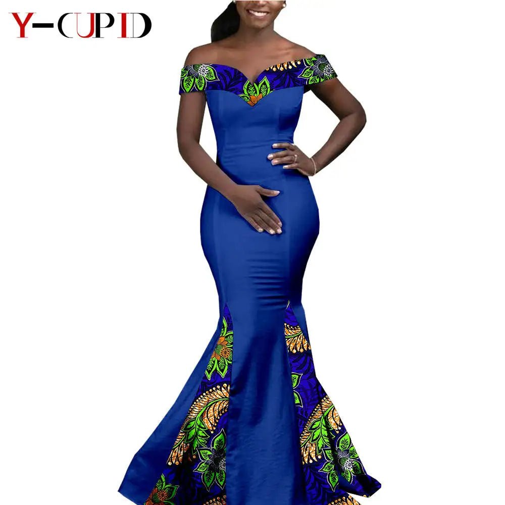 Elegant African Wedding Couple Outfits – Women's Slim Fit Mermaid Dress & Men's Bazin Riche Jacket Pant Set with Hat - Free Delivery Worldwide only at Flexi Africa