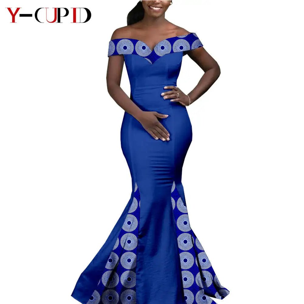 Elegant African Wedding Couple Outfits – Women's Slim Fit Mermaid Dress & Men's Bazin Riche Jacket Pant Set with Hat - Free Delivery Worldwide only at Flexi Africa