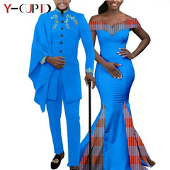 Elegant African Wedding Couple Outfits – Women's Slim Fit Mermaid Dress & Men's Bazin Riche Jacket Pant Set with Hat - Free Delivery Worldwide only at Flexi Africa
