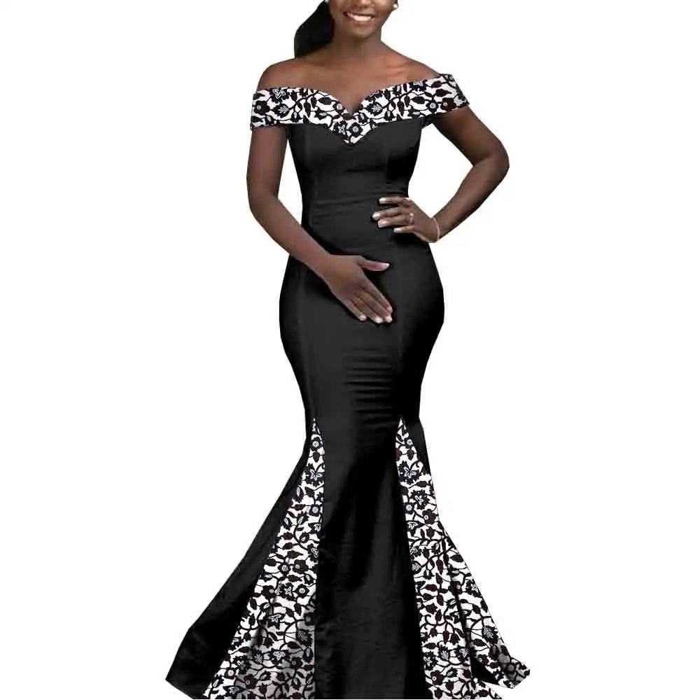Elegant African Wedding Couple Outfits – Women's Slim Fit Mermaid Dress & Men's Bazin Riche Jacket Pant Set with Hat - Free Delivery Worldwide only at Flexi Africa