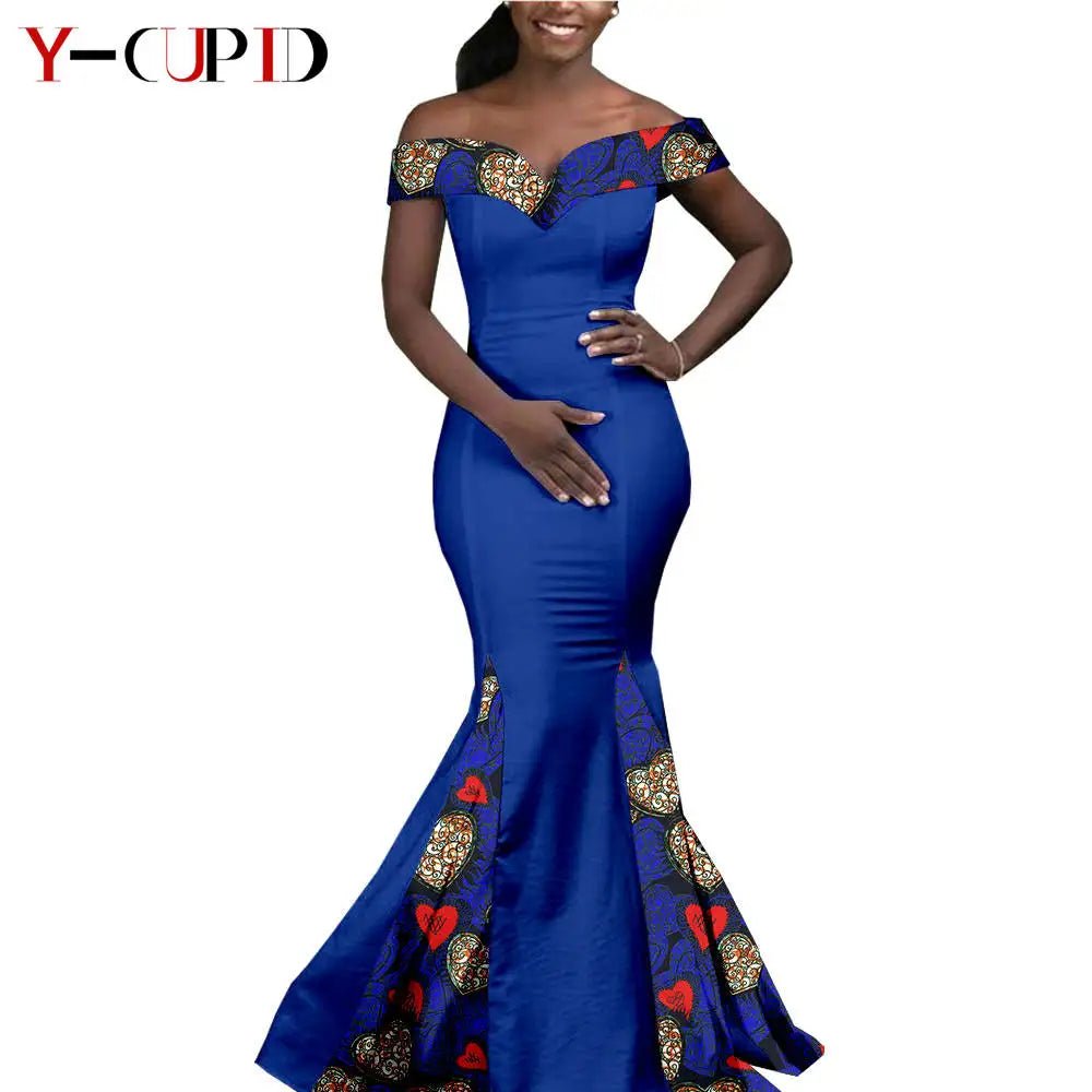 Elegant African Wedding Couple Outfits – Women's Slim Fit Mermaid Dress & Men's Bazin Riche Jacket Pant Set with Hat - Free Delivery Worldwide only at Flexi Africa