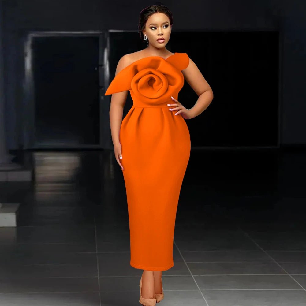 Elegant African Women’s Party Dress - Slim Bodycon One - Shoulder with Big Flower, Perfect for Events, Christmas, Birthdays, and Wedding Guests - Free Delivery Worldwide only at Flexi Africa