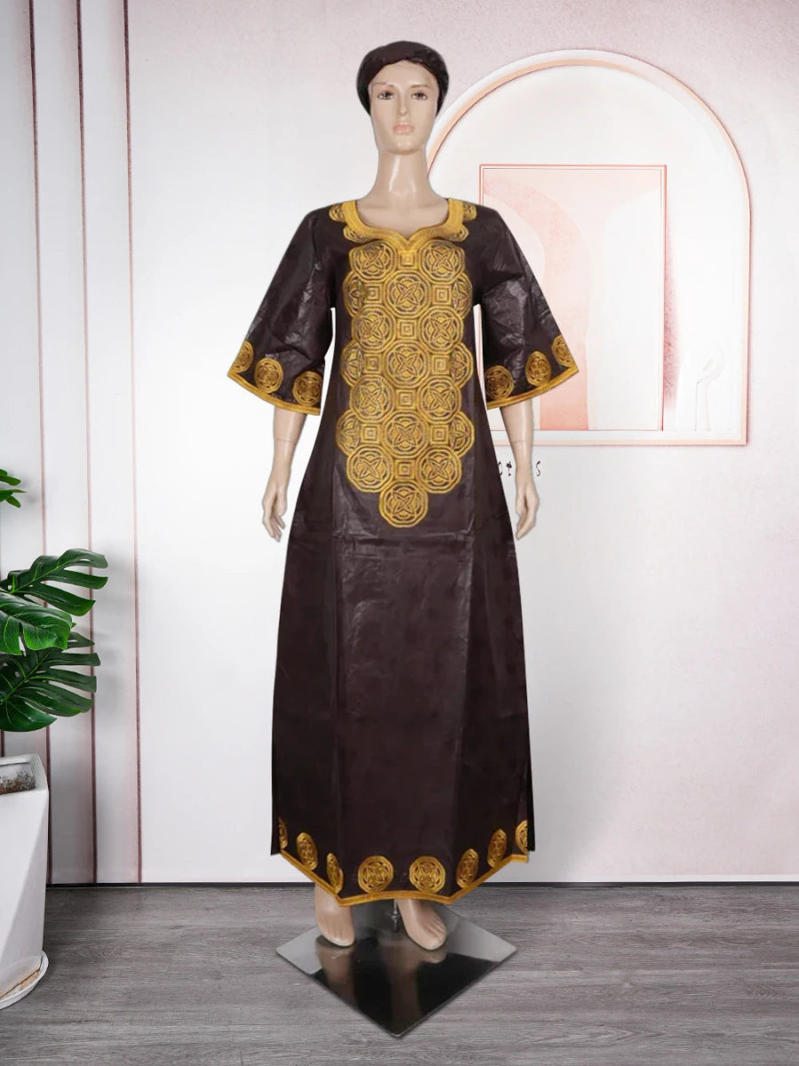 Elegant Embroidered African Bazin Dress for Women - Free Delivery Worldwide only at Flexi Africa