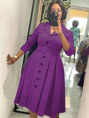 Elegant Long Sleeve Button Down A - Line Midi Office Dress with Notched Lapel and Waist Belt for Women - Free Delivery Worldwide only at Flexi Africa