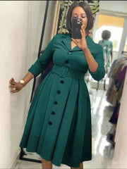 Elegant Long Sleeve Button Down A - Line Midi Office Dress with Notched Lapel and Waist Belt for Women - Free Delivery Worldwide only at Flexi Africa