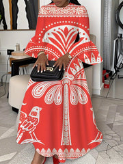 Elegant Maxi Dress Red White Floral Bird Print Casual Party Wear - Free Delivery Worldwide only at Flexi Africa